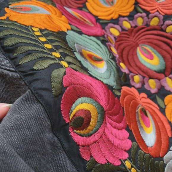 New Boho Embroidered Black Denim Jacket Coat - Picture 9 of 12